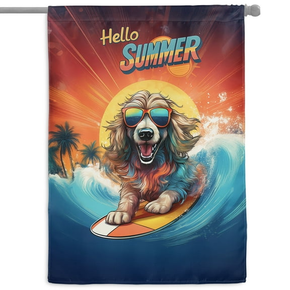 Retro Surfing Afghan Hound in Cool Sunglasses Hello Summer Waves House Flag 28x40in Double Sided Dog Lover Outdoor Decor - 10001