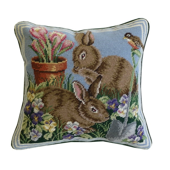 Bunnies In The Field #1 Needlepoint Accent Pillow