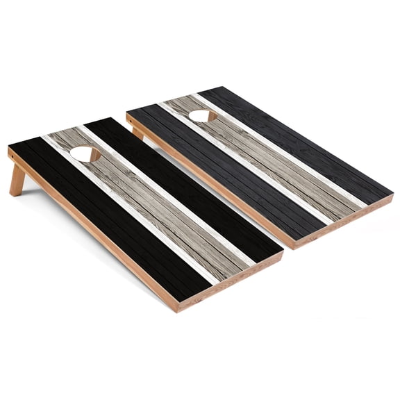 Skip's Garage | Black and Dark Grey Striped Cornhole Boards | Includes (2) Boards, (8) Bags & Optional Accessories