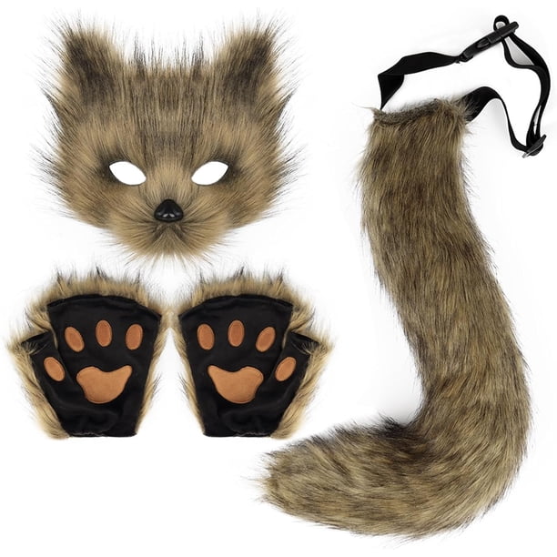 Conjunto de disfraces de cosplay para fiesta de Halloween, máscara de lobo de zorro falso peludo, pata y cola, accesorios de mascarada de Halloween para niñas y mujeres