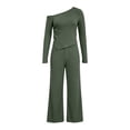 thumbnail image 2 of BRELIL Women Two Piece Sets Cold Shoulder Long Sleeve Tops Wide Leg Pants Casual Lounge Matching Set Solid Basic Pullover Outfits Travel Vacation Loungewear, Army Green M, 2 of 8