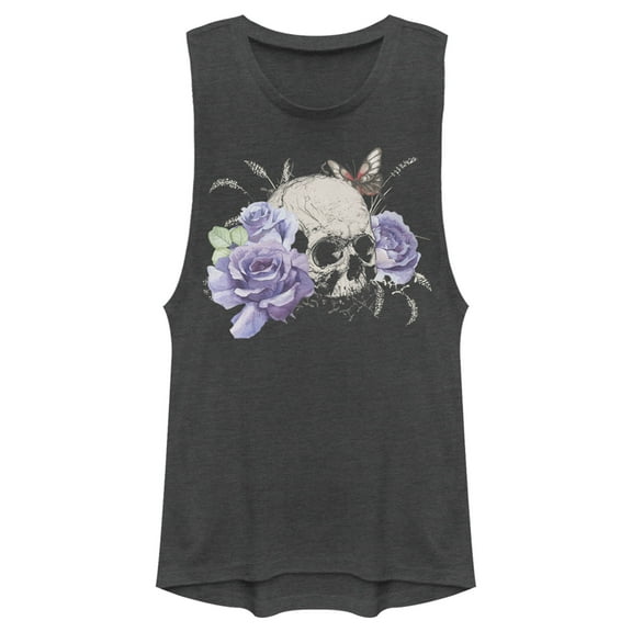 Junior's Lost Gods Flower Skull  Festival Muscle Graphic Tee Charcoal Small