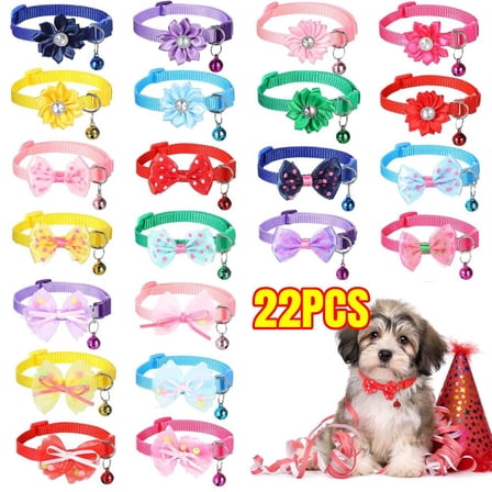 22 Pack Dog Bell Collar with Flower, Puppy Collars with Bell and Cat Collar Cute Adjustable for XXS XS Extra Small Female Dogs Tiny Pets Little Kitten Yorkie Chihuahua XSmall