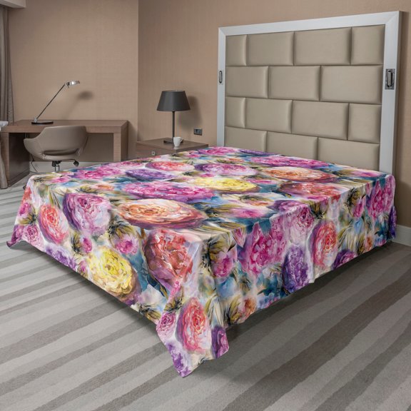 Blooming Floral Flat Sheet, Vintage Watercolor Flowers Boho Garden Scene Art Romantic Print, Soft Comfortable Top Sheet Decorative Bedding 1 Piece, Queen Size, Magenta Pale Fuchsia, by Ambesonne