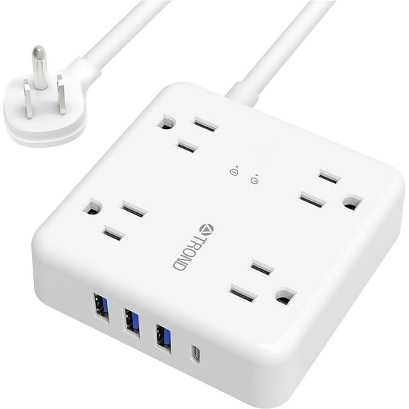 TROND Power Strip Surge Protector with USB, 5ft long Extension Cord for 3 USB and 4 AC Outlets, White