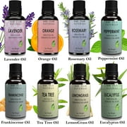 Top 8 Essential Oil Set, 8 Glass Bottles / 10 ml each, Lavender Peppermint Orange Lemongrass Rosemary Eucalyptus Tea Tree Frankincense