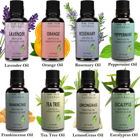 Top 8 Essential Oil Set, 8 Glass Bottles / 10 ml each, Lavender Peppermint Orange Lemongrass Rosemary Eucalyptus Tea Tree Frankincense