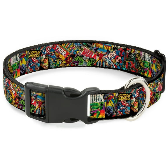 Marvel Comics Pet Collar, Dog Collar Plastic Buckle, Retro Marvel Comic Books Stacked Close Up, 7 to 8.5 Inches 0.5 Inch Wide
