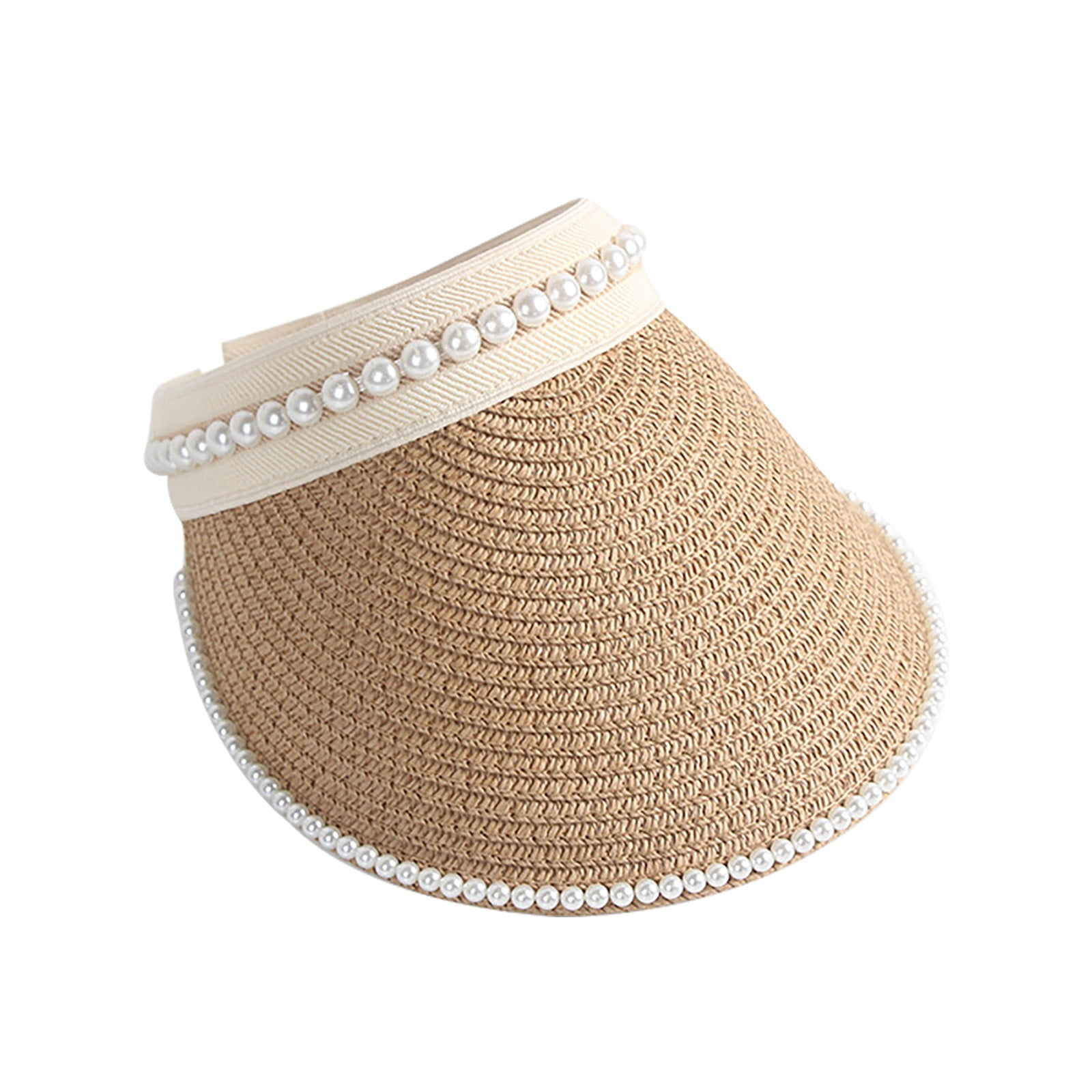 Sun Visor Hats for Women Pearl Trim Wide Brim Straw Visors Foldable