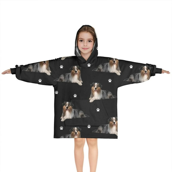 Australian Shepherd Dog and Footprints Blanket Hoodies for Kids 6-13YR Oversize Wearable Blanket Hoodies for Boys Girls Teens