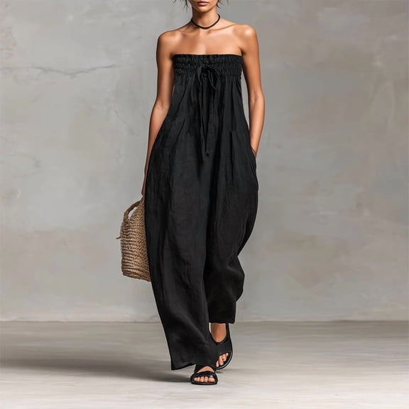 Morttic Women's Strapless Sleeveless Jumpsuit with Pockets – Solid Color Pleated Design Elegant Casual Outfit Black,XS