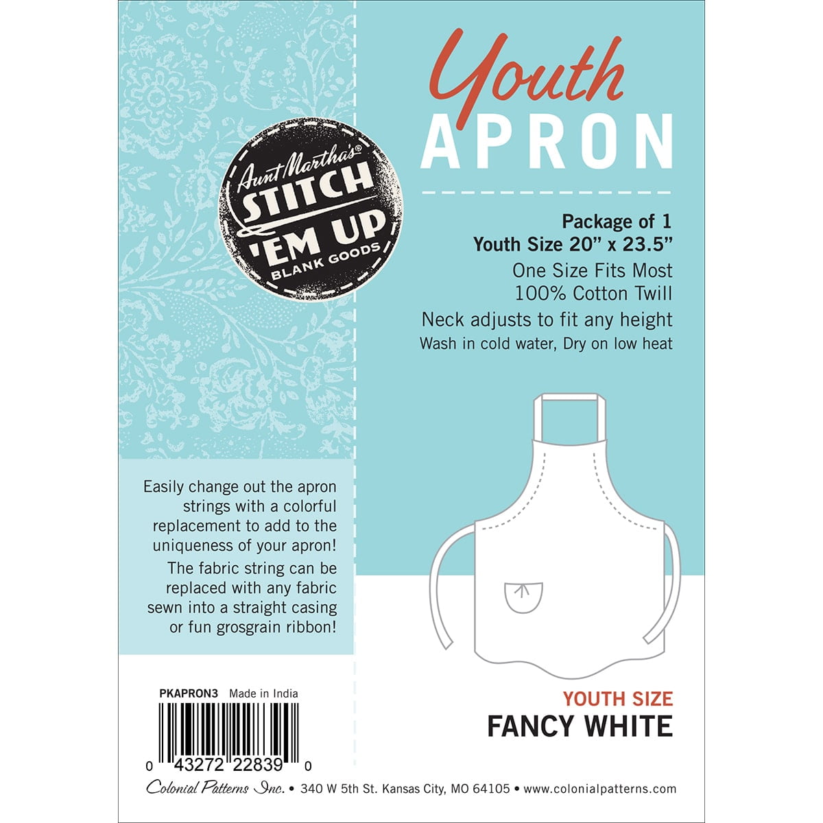 Aunt Martha's Fancy Cut Youth Child White Apron Size 20"x 24"