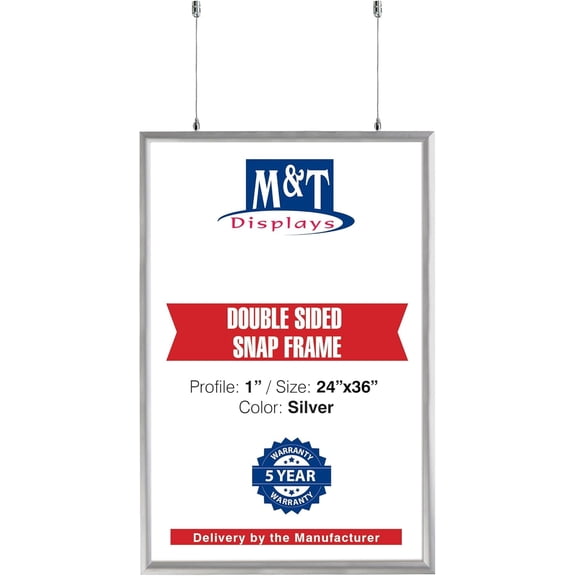 M&T Displays Ceiling Hanging Double Sided Snap Frame Silver 24x36 Aluminum Picture Poster Sign Holder