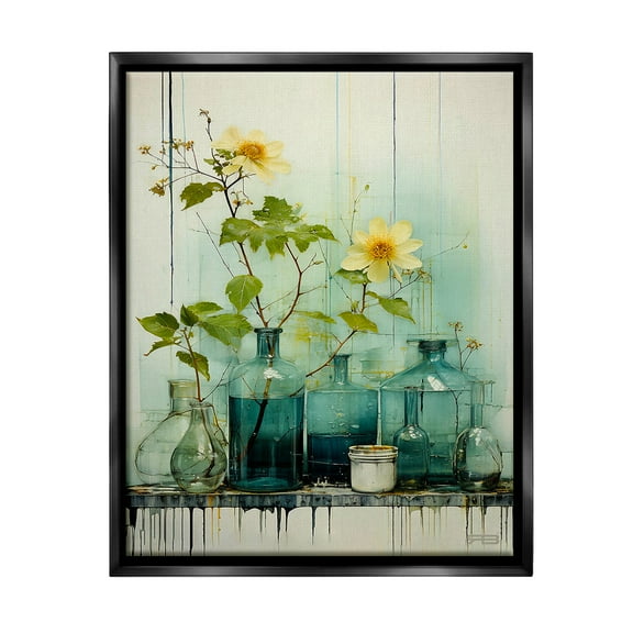 Stupell Industries Modern Jars & Florals Botanical & Floral Painting Black Floater Framed Canvas Art Print Wall Art, 17 x 21