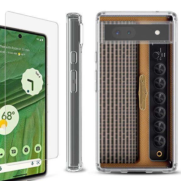 Shockproof Bumper Phone Case for Google Pixel 6a, with Tempered Glass Screen Protector, by OneToughShield ® - Guitar Amp