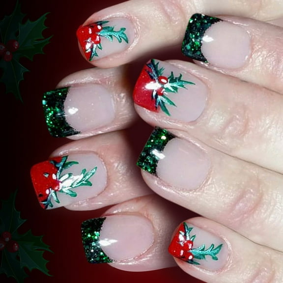 ABS Christmas Press On Nails 24Pieces French Glitters Green Leaf Patterns Shimmering Tips For Women Holiday Party