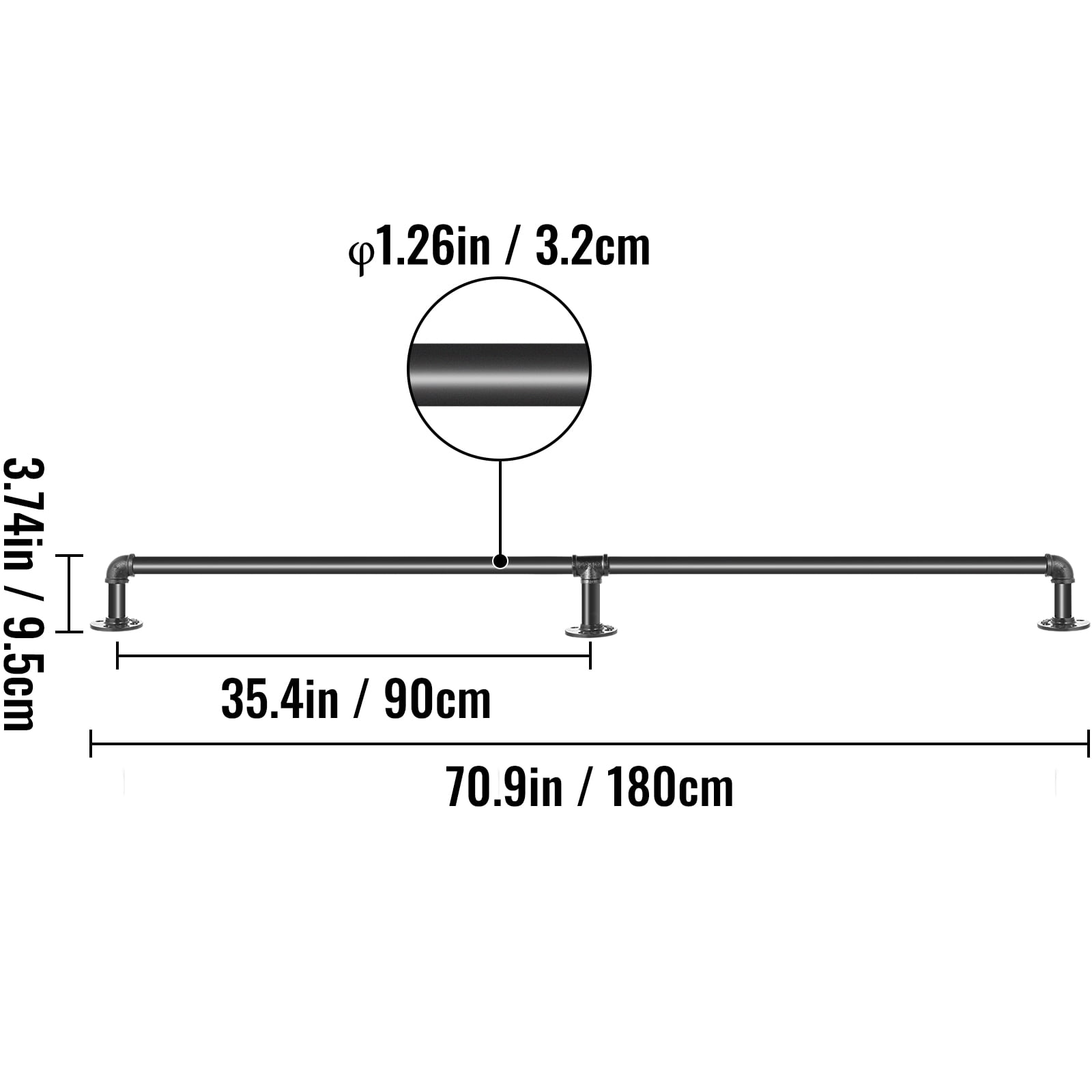 VEVOR 6 ft Pipe Stair Handrail, 440 lbs Load Capacity Carbon Steel Staircase Handrail, Industrial Pipe Handrail with Wall Mount Support