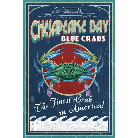 Art.com Chesapeake Bay, Virginia - Blue Crab Vintage Sign Art Print by Lantern Press, 12" x 18"