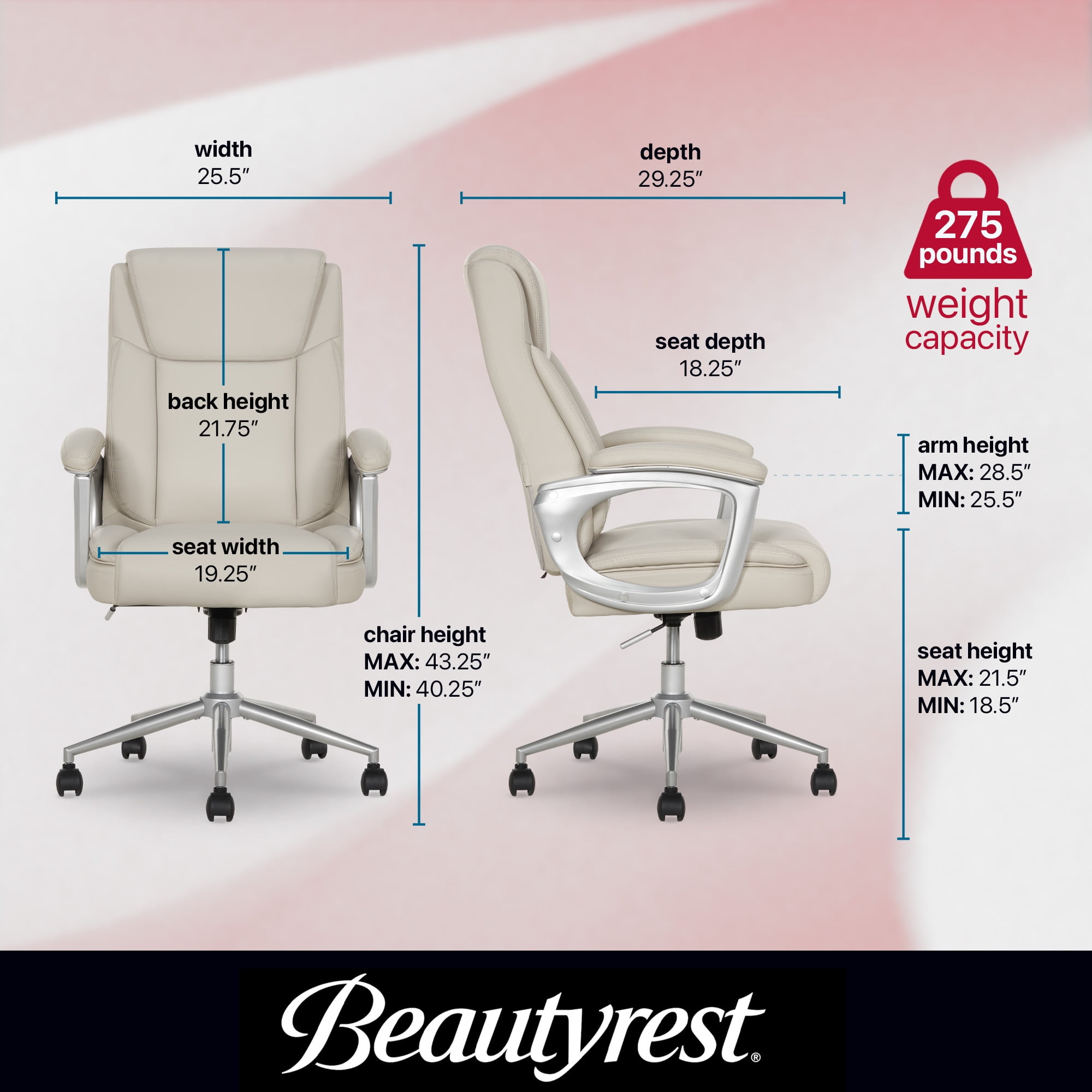 Beautyrest Beyla Ergonomic Manager Office Chair with Padded Armrest for Teens and Adults, Ivory