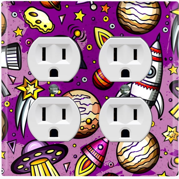 Metal Light Switch Wall Plate Outlet Cover (Spaceship UFO Astronaut Rocket Outerspace Star Pink - Double Duplex)