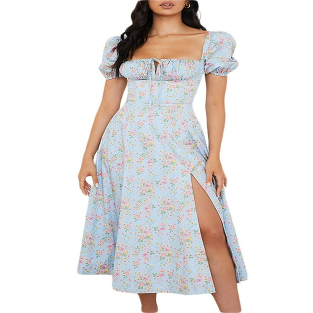 Robe Bohème Florale pour Femmes Manches Courtes Bouffantes Col Carré Fendue Longue Robe Maxi