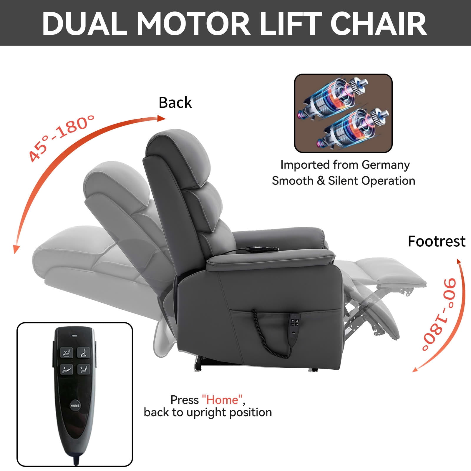 MAYEERTY Grey Cat-Proof Leather Dual Motor Power Lift Recliner, 350lbs Infinite Position Massage Heat 37"x37"x45"