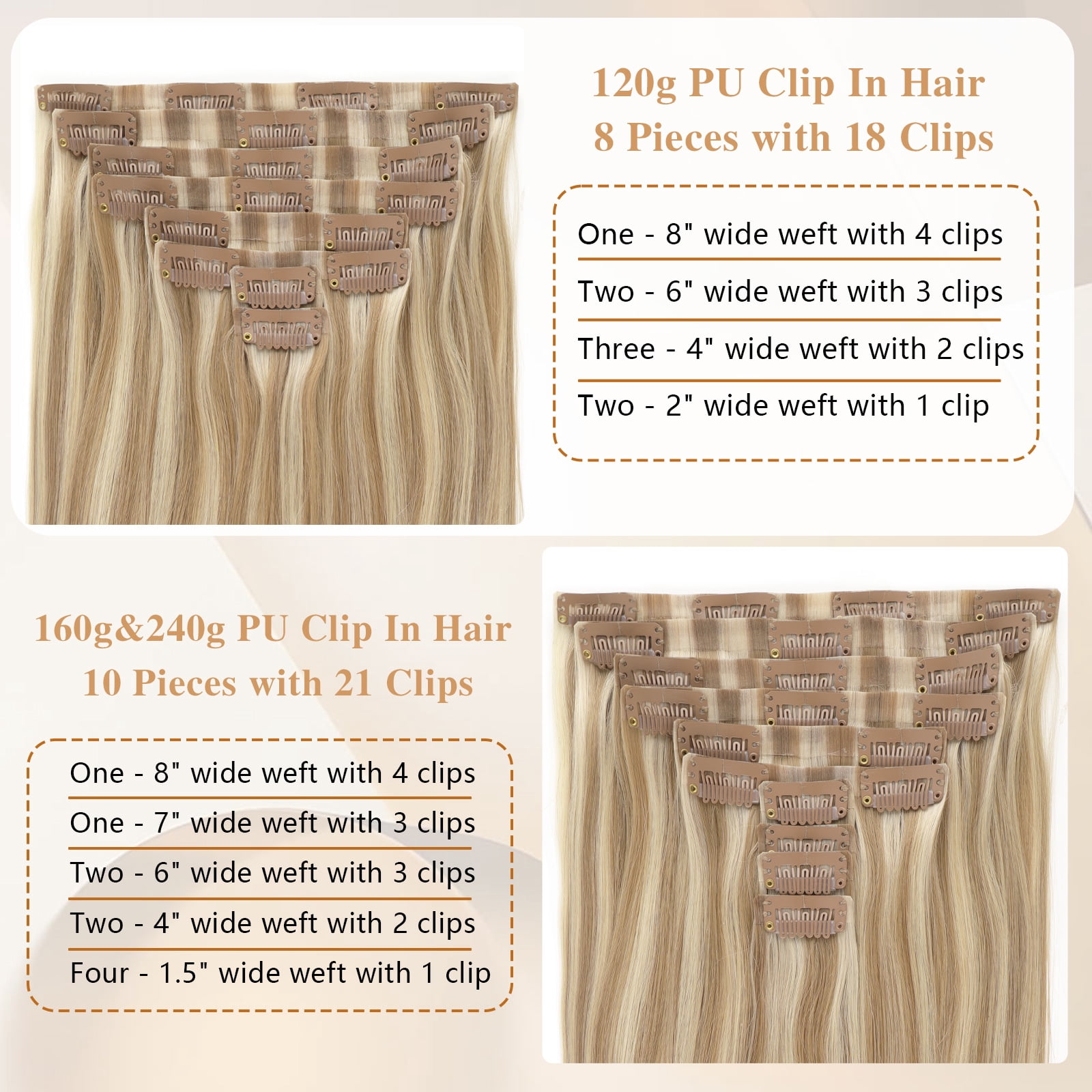 PU Clip In Hair Extensions P8/60# 120g 14inch