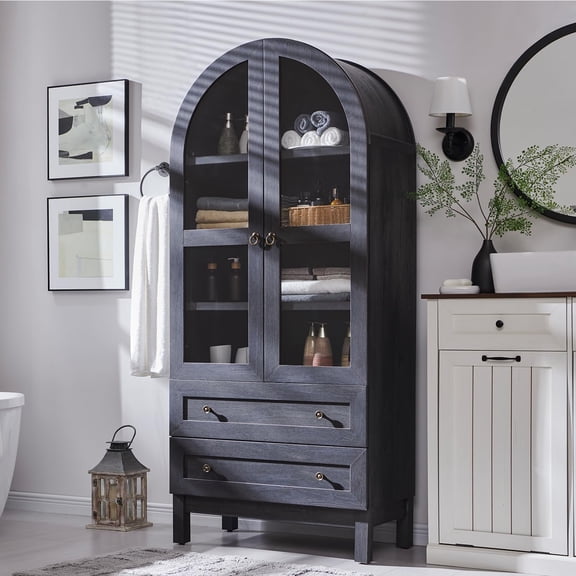 71" Tall Arched BathroomStorage Cabinet, 4-Tier cabinet w/2 Large Drawers &Adjustable Shelves, Wooden Bathroom Floor cabinets w/Glass Doors, Modern Farmhouse Versatile Cabinets for bathroom,Dark Grey