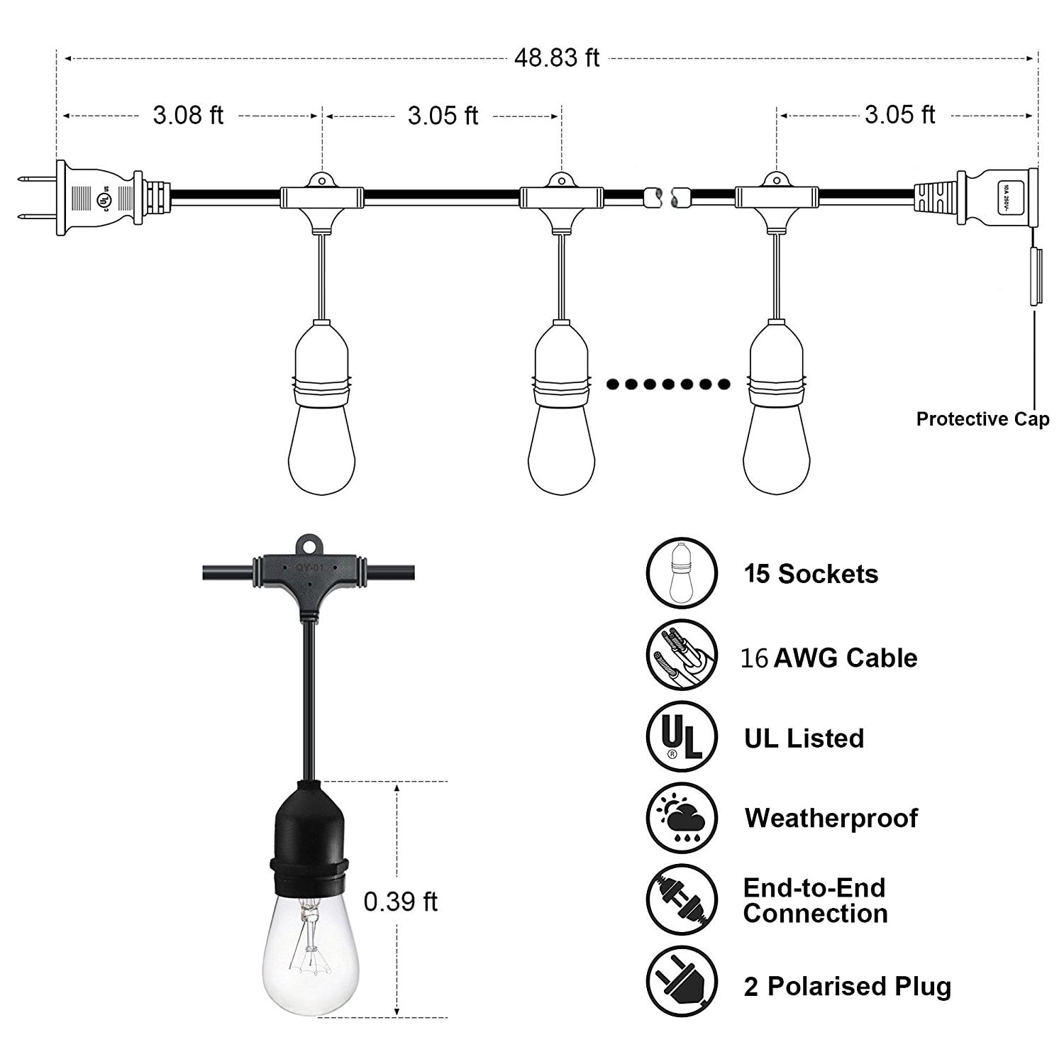 Yi Lighting 48ft Outdoor String Lights with 15pcs Dimmable Shatterproof LED Bulbs, Weatherproof for Patio Garden Porch Yard Party