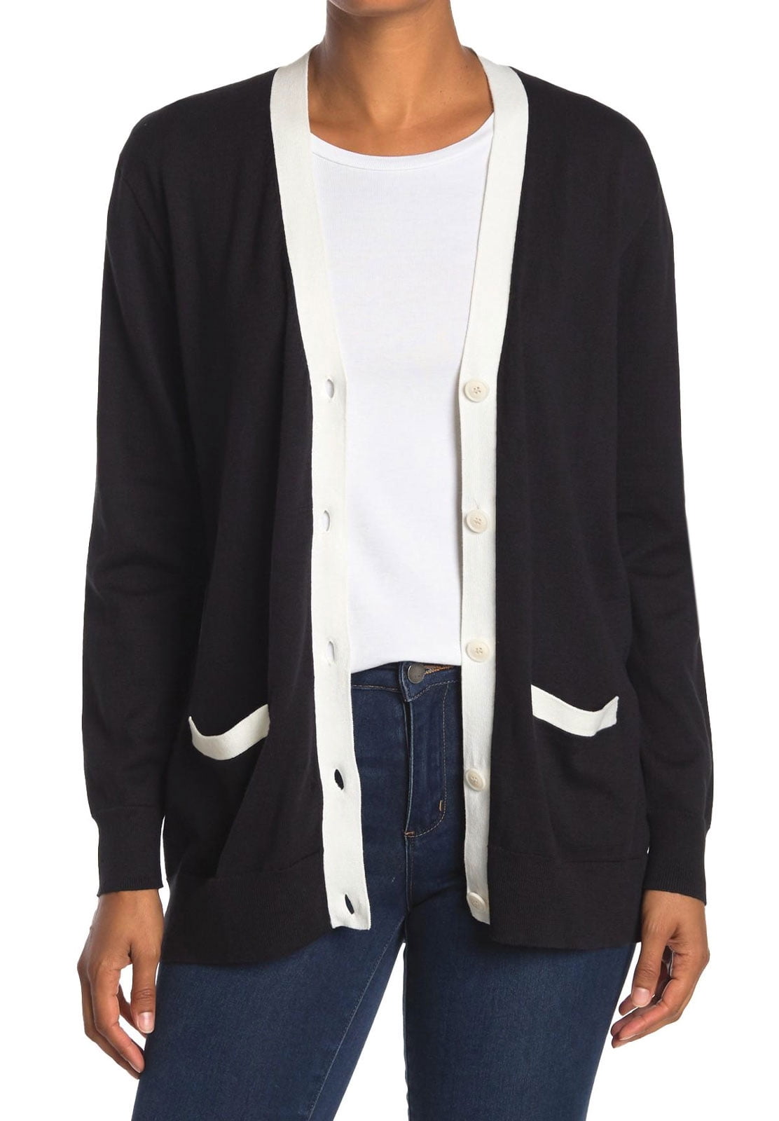 J. Crew Rack Tipped Boyfriend Cardigan , Size M - Black at Nordstrom Rack