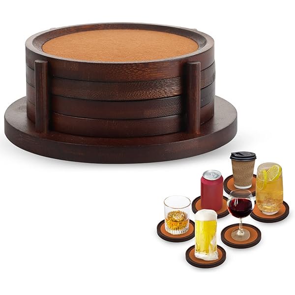 wonima44 Bamboo Coasters for Coffee Table Set of 4 Coasters for Drinks Absorbent with Holder Coffee Table Decor for Tabletop Protection Gifts for House Warming New Home & Wedding (Brown 4Pcs)