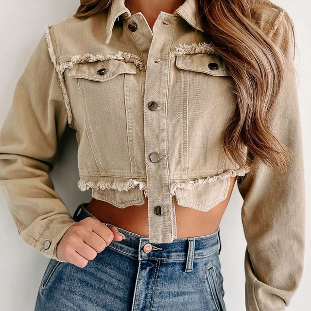 Chaquetas vaqueras para mujer, prendas de vestir exteriores con borlas de manga larga de otoño, abrigo con cuello vuelto, abrigos vaqueros cortos de un solo pecho