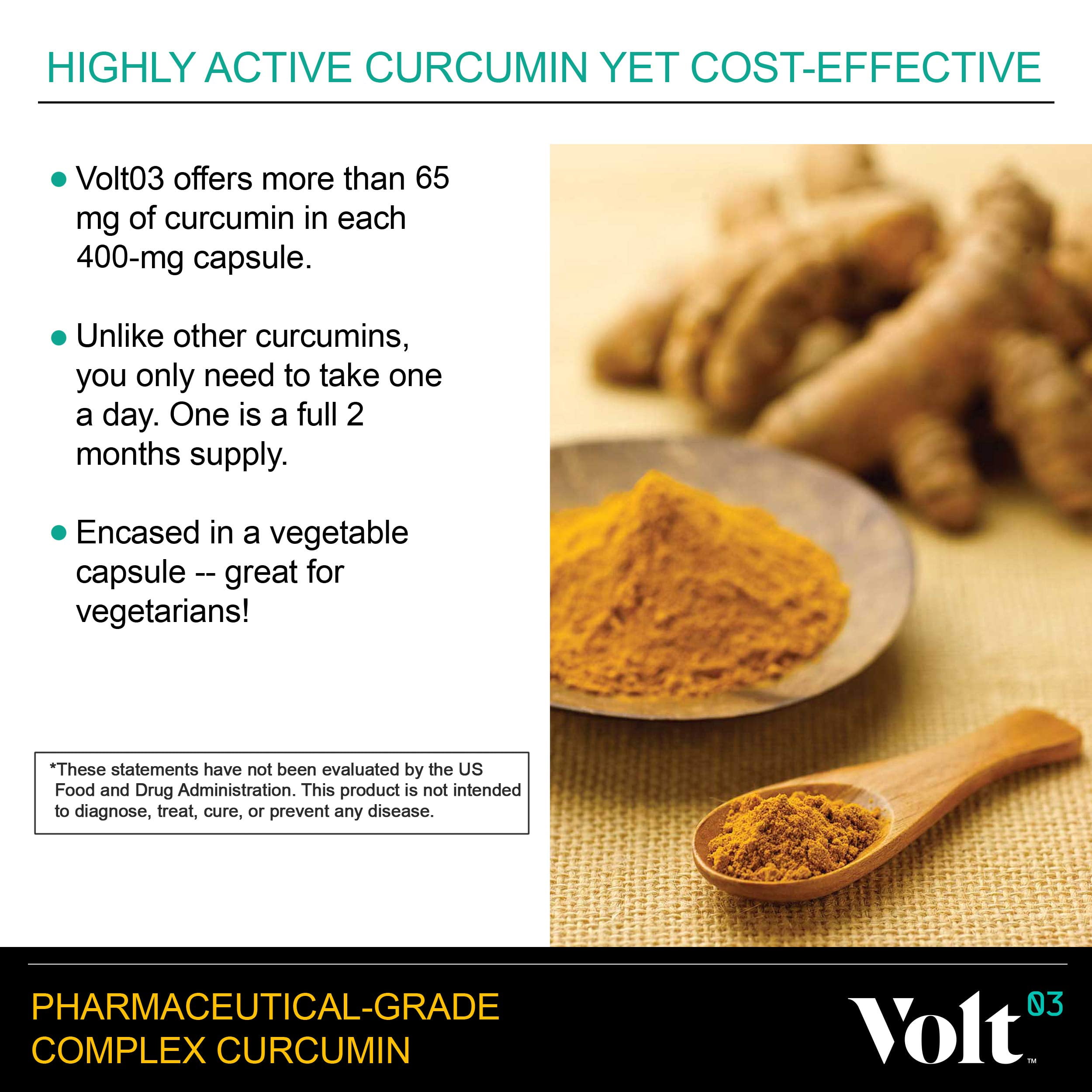 Volt03 Pharmaceutical-Grade Turmeric Curcumin Capsules | Turmeric Capsules and Curcumin Supplements for Immune Support | Natural Joint Support Turmeric Herbal Supplements 400 mg