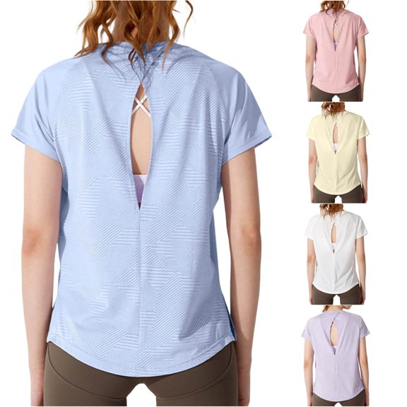 WEIGFI Womens T-Shirts Loose Fit Workout Tops Backless Yoga Running Crew Neck Short Sleeve Lightweight Clothes Solid Color Trendy Comfort Beach Daily Wear,Blue,L