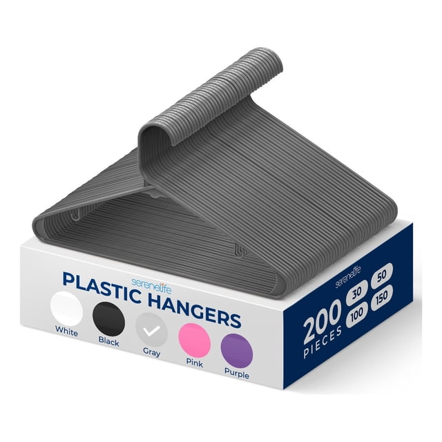 Ganchos de Plastico Premium SereneLife, Antideslizantes, Ahorradores de Espacio, Duraderos y Resistentes, para Camisas, Suéteres, Sudaderas, Abrigos, Pantalones y Vestidos, Gris, Pack 200