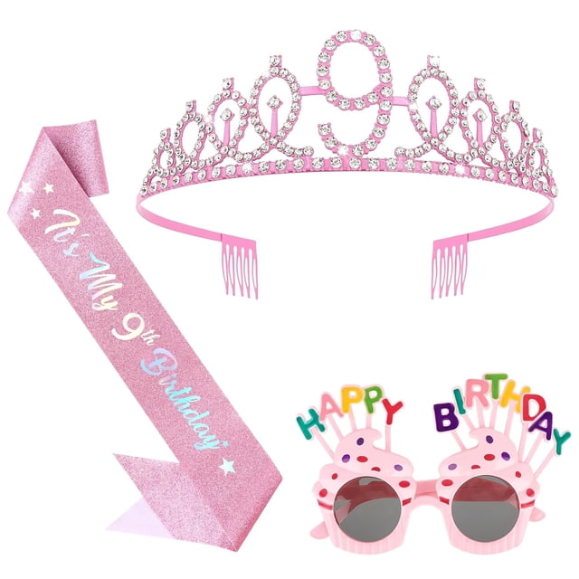 Decoraciones de Cumpleaños, Kit de Sash y Corona con Brillo con Gafas de Sol de Feliz Cumpleaños, Corona de Princesa Tiara y Accesorio de Atuendo para Fiesta de Sash