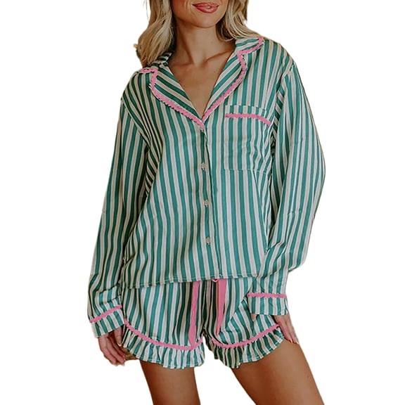 Women's Green Stripe Ruffled Pajama Short Set with Long Sleeve Shirt – Cozy Home Style, XL