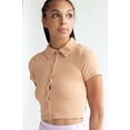 thumbnail image 2 of Taupe Ribbed Button Up Tee - Short Sleeve Knit Collared Top, 2 of 4