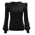 thumbnail image 5 of Pulls d'Automne pour Femmes 2023 Graphique Volants Longueur Épaule Manches Longues Pull Col Rond Ajusté Automne Haut Côtelé Noir, 5 of 5