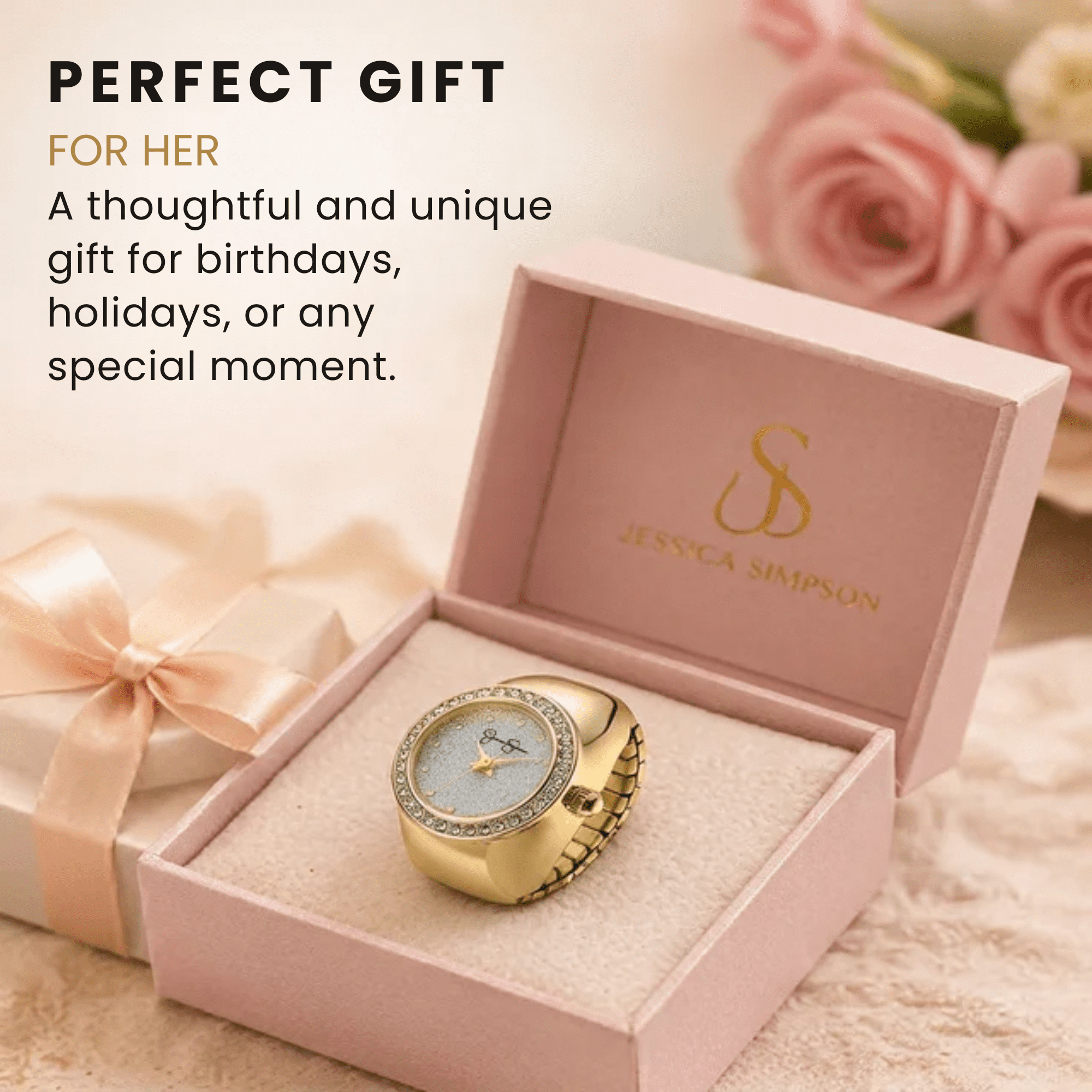 Jessica Simpson Women's Gold Adjustable Ring Watch – Crystal Bezel, Quartz Analog Mini Dial, Stretch Band Fashion Jewelry Accessory