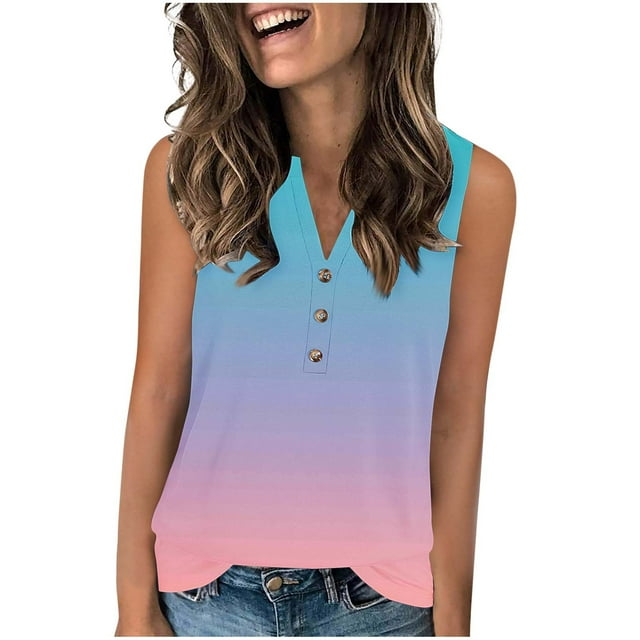Womens Pullover Tops Spring Fall Clothes 2025 Long Sleeve Shirts Loose Festival Tops Print Color Sleeveless V-neck Pullover With Button Down Hem Blouses Top Plus Size Tops For Women Summer