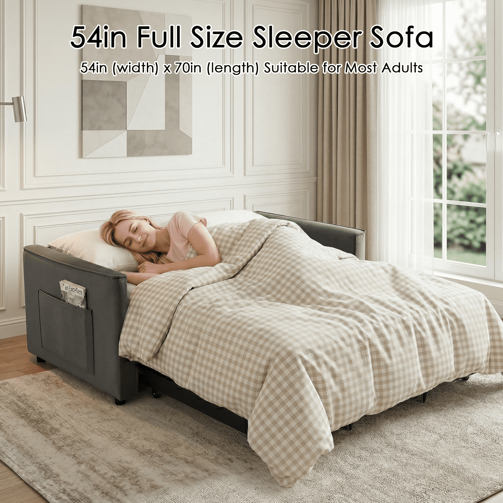 Amuille 3 in 1 Convertible Sleeper Sofa Bed, 54" Velvet Fabric Loveseat, Pull Out Couch for Living Room and Apartment (Dark Gray)