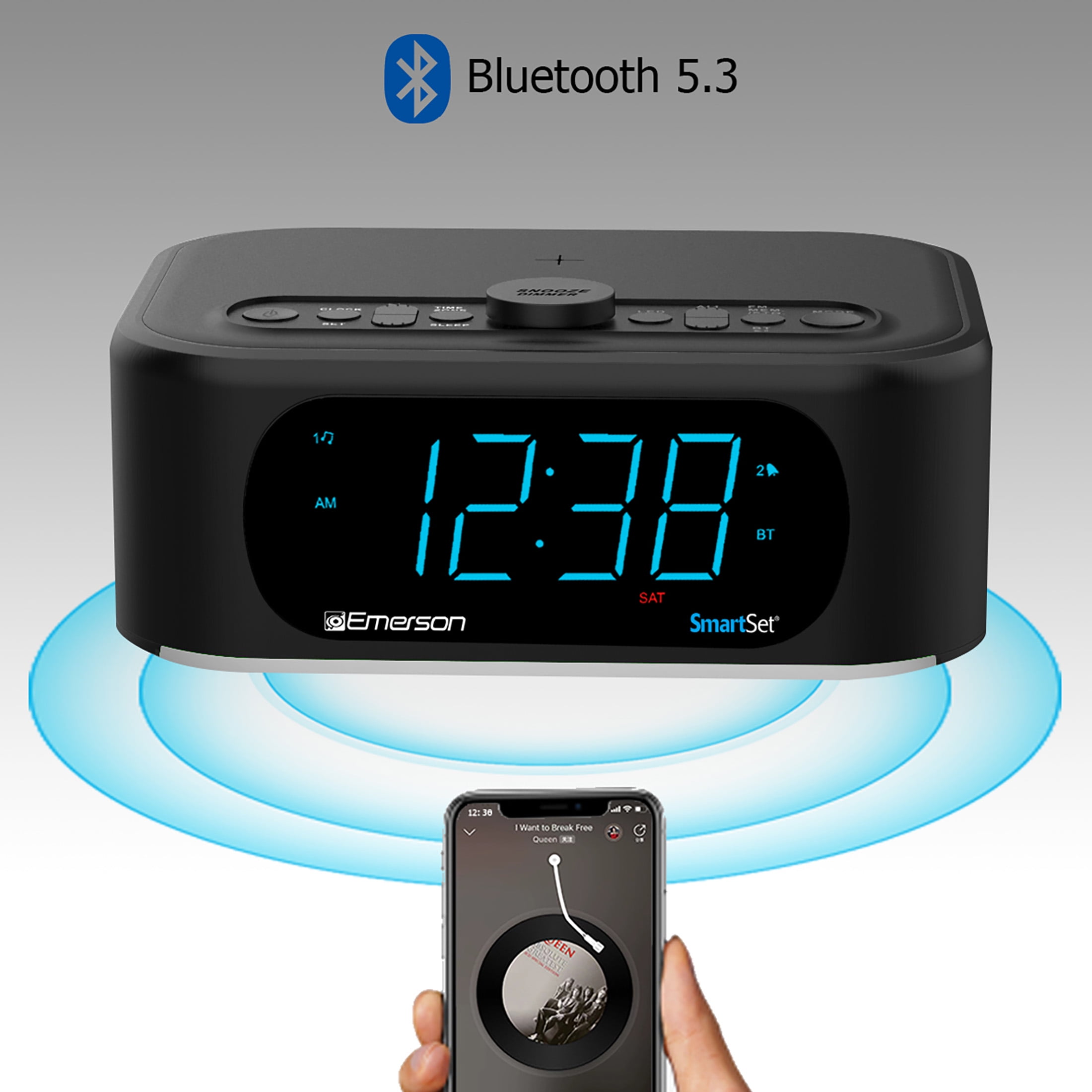 Emerson SmartSet Dual Alarm Clock Radio, 10W Bluetooth Speaker, 15W  Wireless Charging, 7-Mode Rhythmic Color Changing LED Lights, CKSW7708M