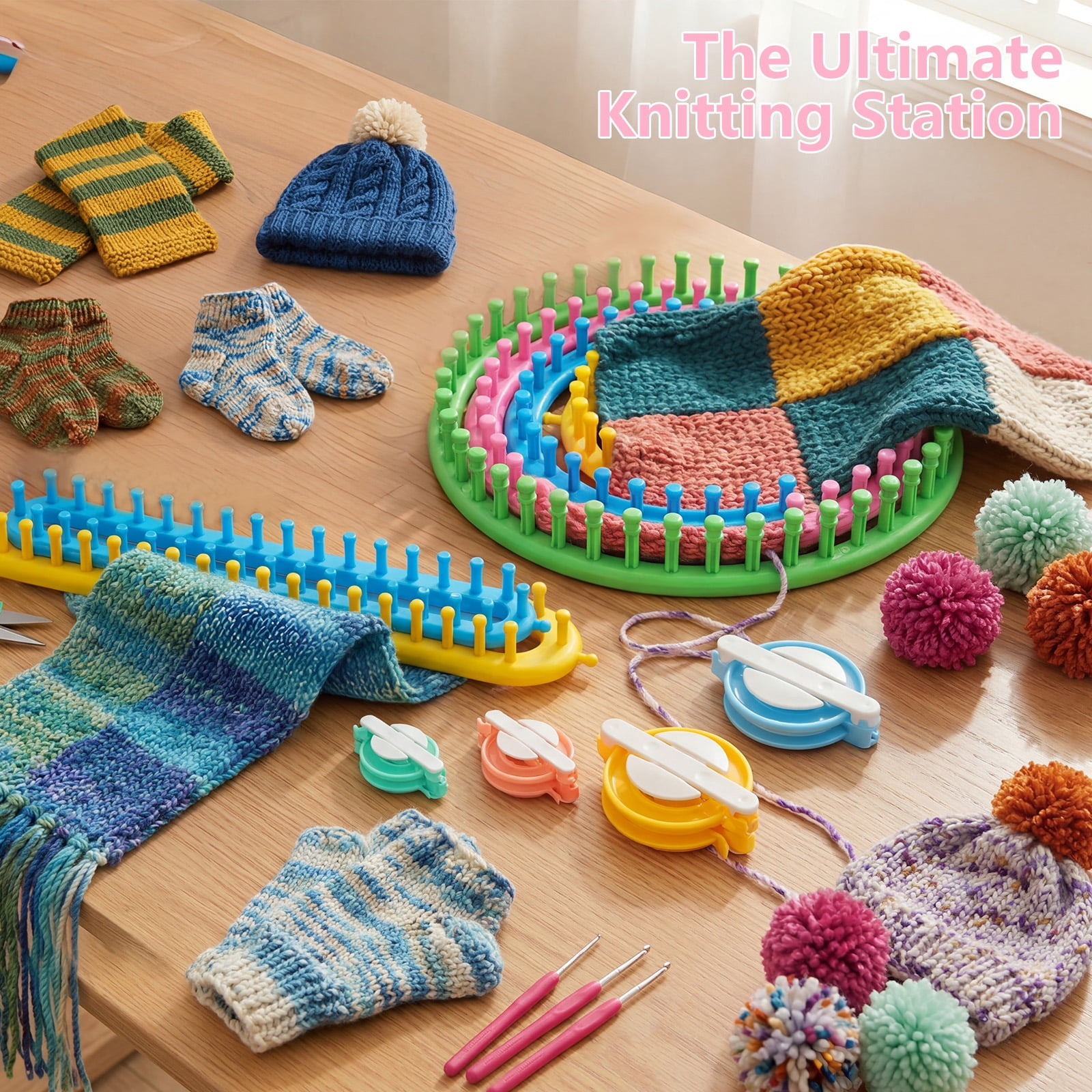 Toorise Knitting Frame Kit with Pompom Maker Round Knitting Frame for Hat Long for Blanket Scarf Shawl with Crochet Hook and Plastic Needle