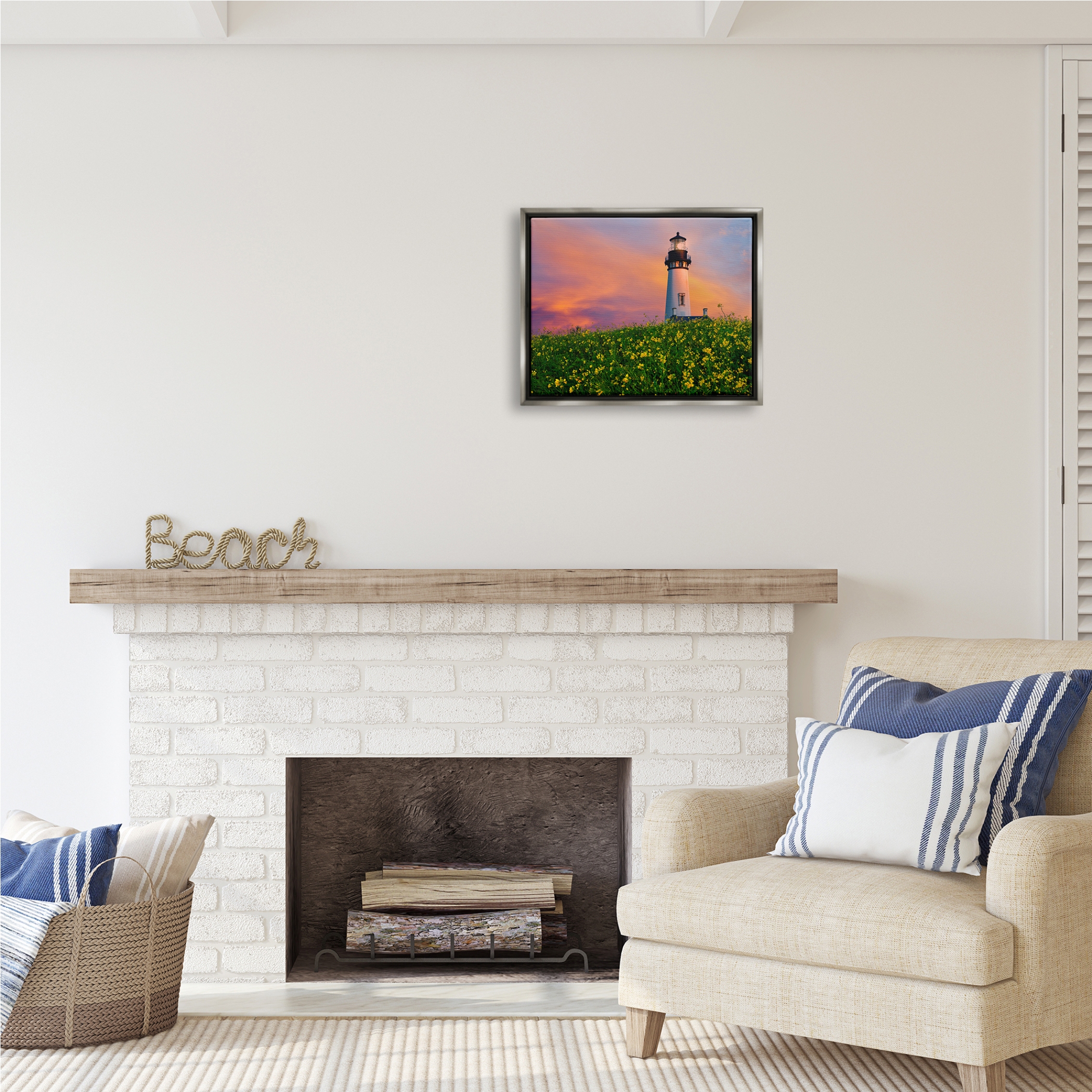Stupell Industries Lighthouse in Meadow Sunrise Nature Photography Gray Floater Framed Art Print Wall Art, 21 x 17