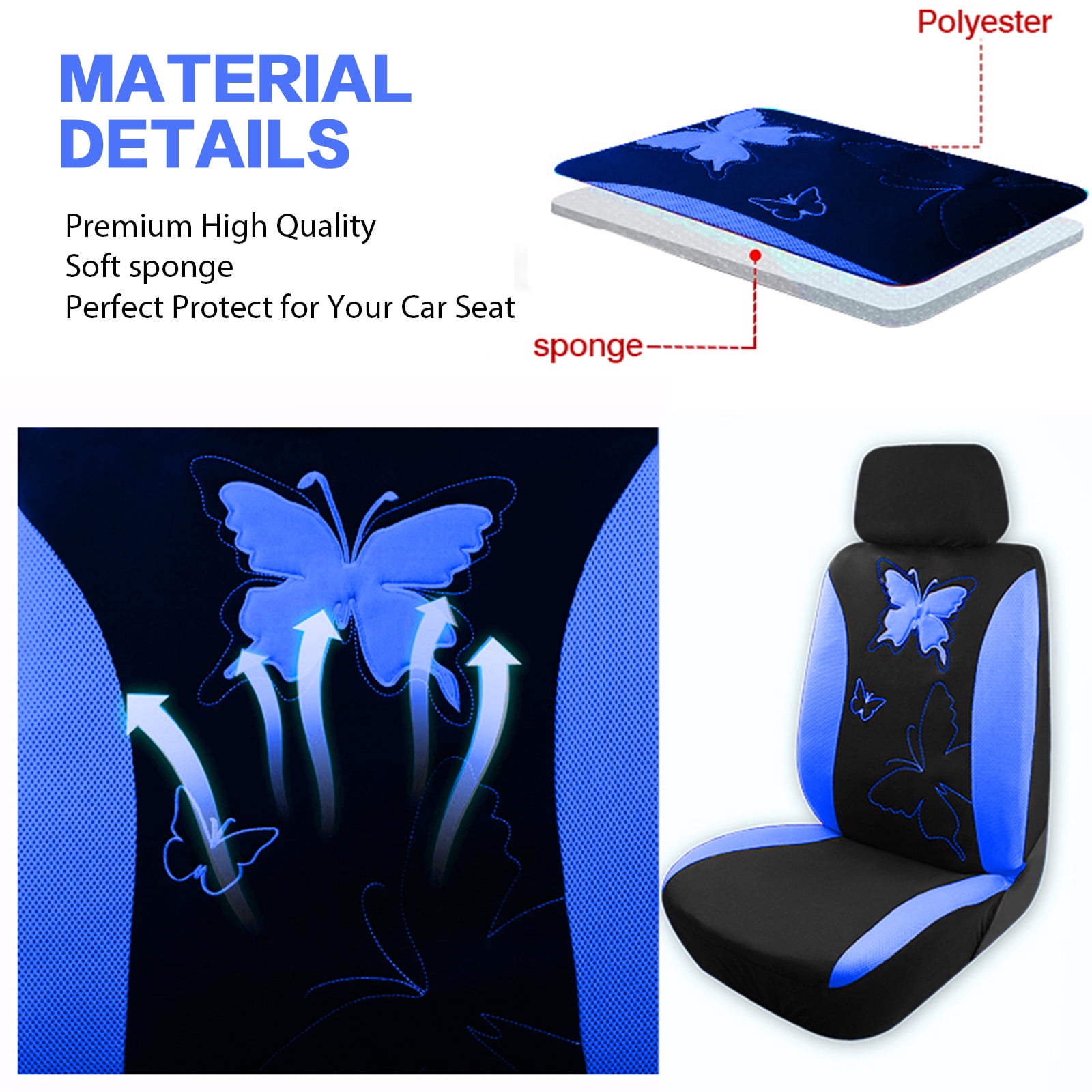 OTOEZ Butterfly Car Seat Cover, Breathable Cloth 5 Seats Full Set for Front & Rear Seat Protector, Universal fit Most Honda Toyota Chevy Ford Nissan Truck SUV, Blue
