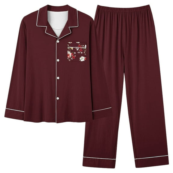 Wang6 Women's Plus Size Pajamas Sets 2 Piece Long Sleeve Pjs Sets Causal V Neck Shirts Straight Leg Pants Ladies Loose Fit Floral Printed Sleepwear Lounge Sets Wine XL