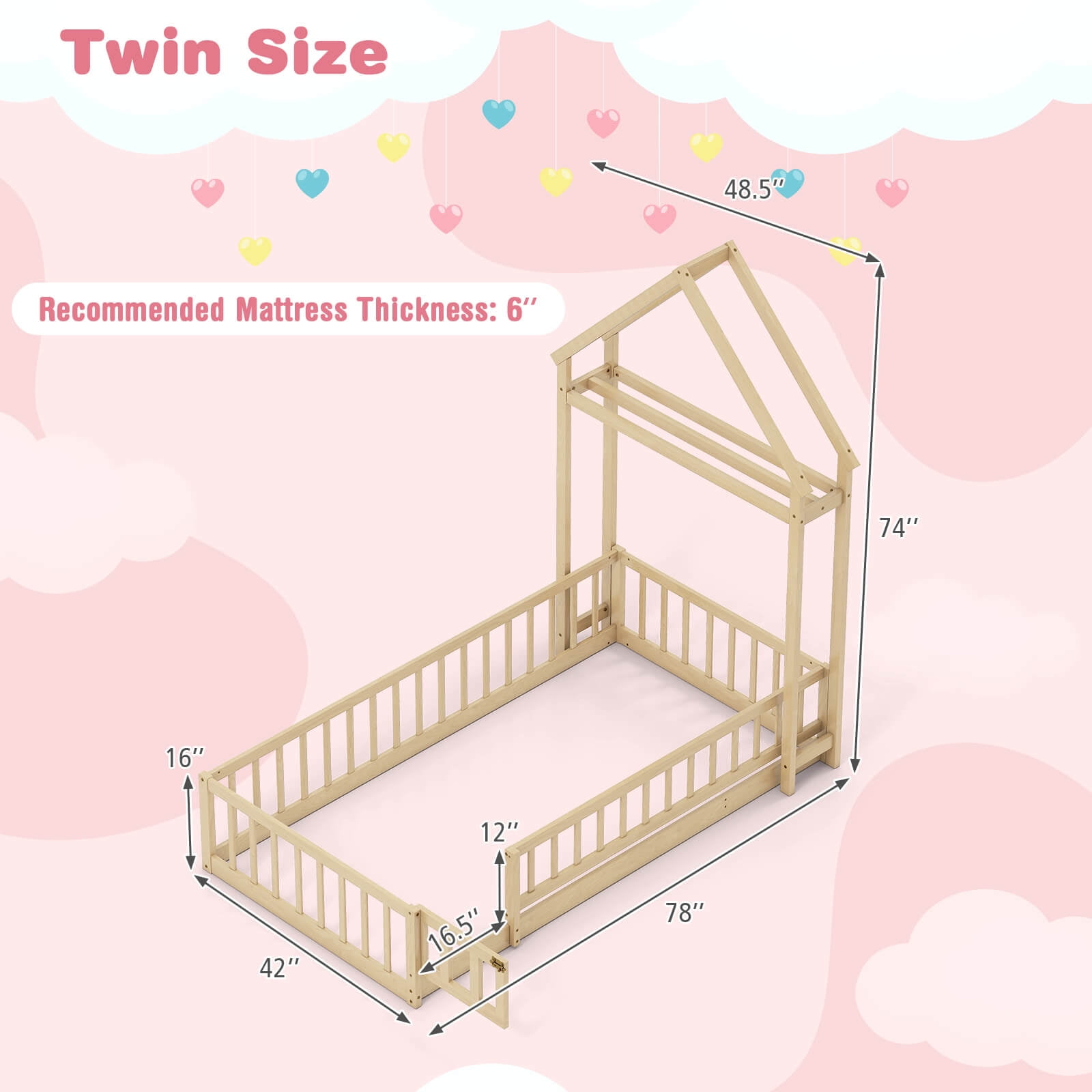 Infans Twin Size House Floor Bed w/House-shaped Headboard Clothes Hanger without Slats