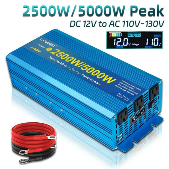 LVYUAN 2500W 5000W Peak Power Inverter DC 12V to AC 110V Pure Sine Wave Car Battery Inverter 3 AC Outlets & 2 USB Charger Adapter LCD Display for Car, RV, Truck, Camping, Home Backup, Emergency Power