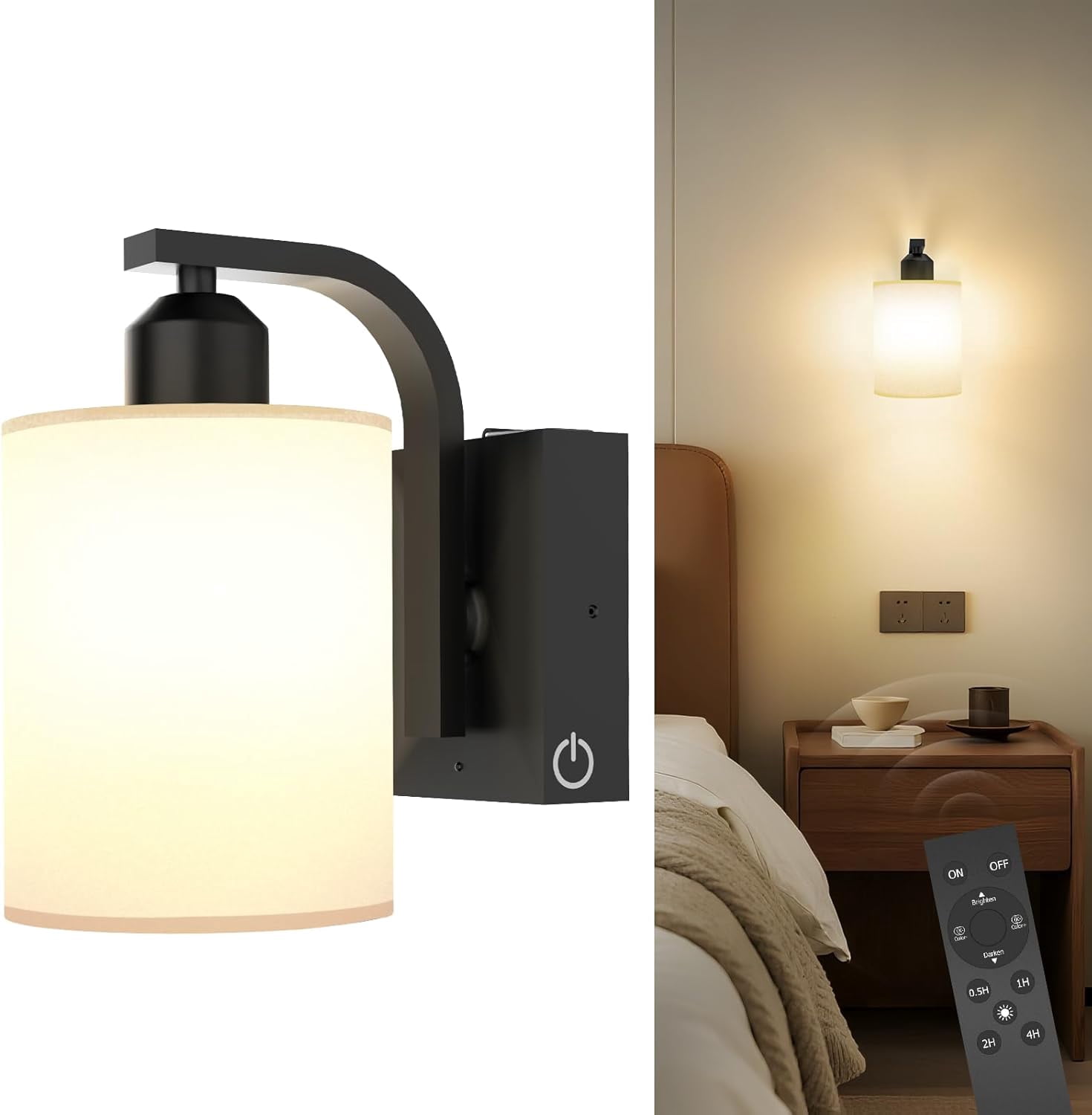 RGHJAR-1 Pack Battery Operated Wall Sconces Lights: 6000mAh Rechargeable Wall Lights with Remote Control, Dimmable LED Wall Lamp Indoor, Black Wireless Scone Lighting for Bedroom Living Room Bathroom